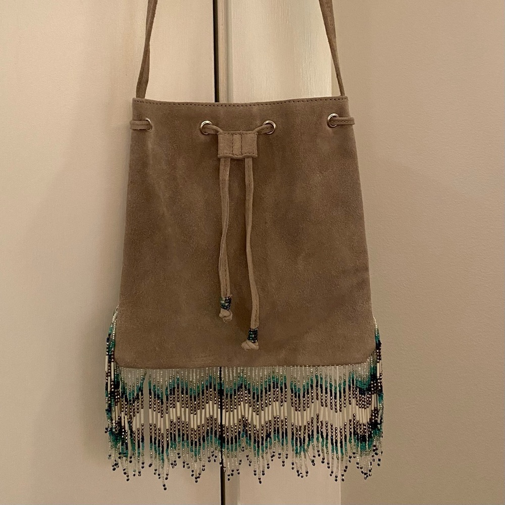 Star Mela Suede Drawstring Crossbody Beaded Bag